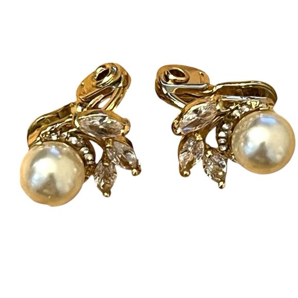 Marquis Cubic Zirconia Imitation Pearl Gold Tone Comfort Clip On Earrings TJG - Picture 2 of 7